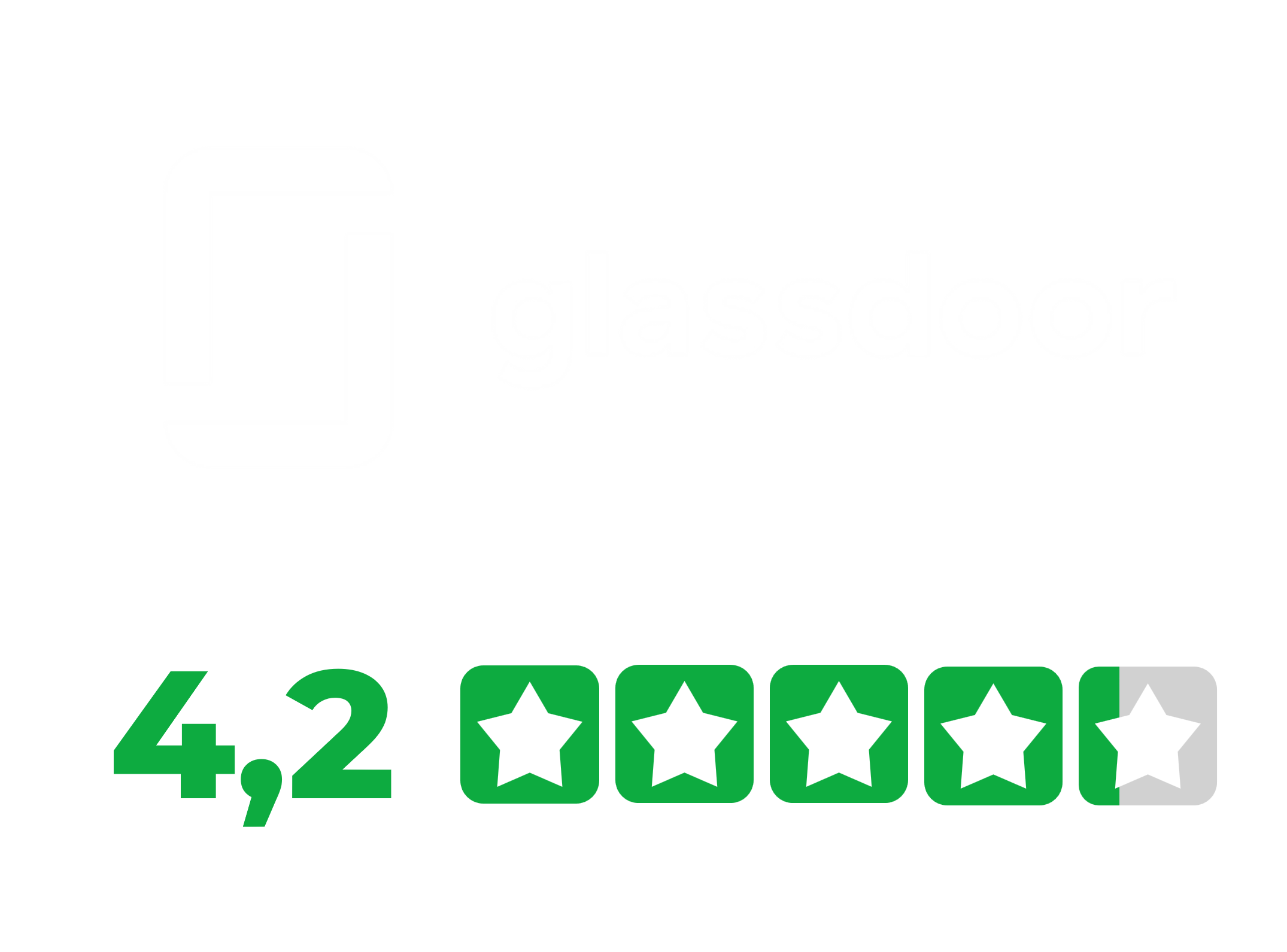 Imagem com o logotipo do 'Glassdoor' em branco sobre fundo preto. Abaixo do logotipo, há uma avaliação de 4,2 estrelas, representada por cinco ícones de estrelas verdes, sendo quatro estrelas preenchidas e uma parcialmente preenchida em cinza. A imagem simboliza uma pontuação positiva, sugerindo que a empresa tem boas avaliações na plataforma Glassdoor.