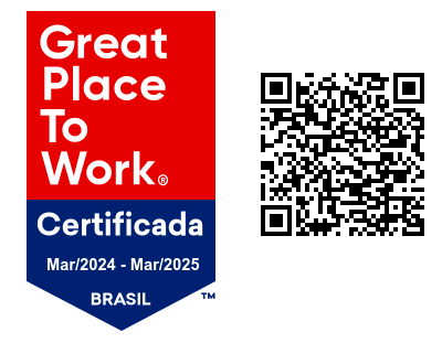 Selo de certificação 'Great Place to Work' exibido ao lado de um código QR. O selo tem as cores vermelha, azul e branca, com o texto 'Certificada Mar/2024 - Mar/2025 BRASIL' na parte inferior. O código QR ao lado provavelmente direciona para mais informações sobre a certificação ou empresa. A imagem simboliza reconhecimento de excelência no ambiente de trabalho para o período indicado.