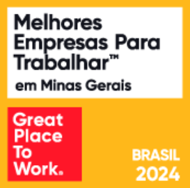 Selo 'Melhores Empresas Para Trabalhar™ em Minas Gerais', com design colorido. A parte superior é branca com texto em preto, e a parte inferior tem fundo amarelo com o logotipo vermelho do 'Great Place to Work' à esquerda e 'BRASIL 2024' à direita em branco. A imagem indica que a empresa foi reconhecida como um dos melhores lugares para trabalhar em Minas Gerais no ano de 2024.